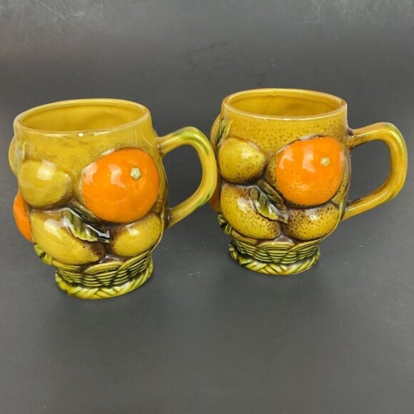 Inarco Vintage Ceramic Fruit Basket Mugs Pair Orange Lemon Design Coffee Cups - Picture 1 of 8